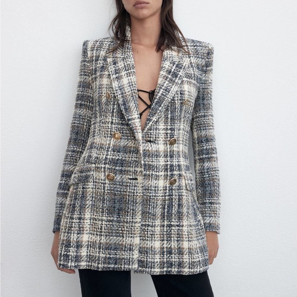 NWOT Zara Blogger Textured Plaid Button Blazer.